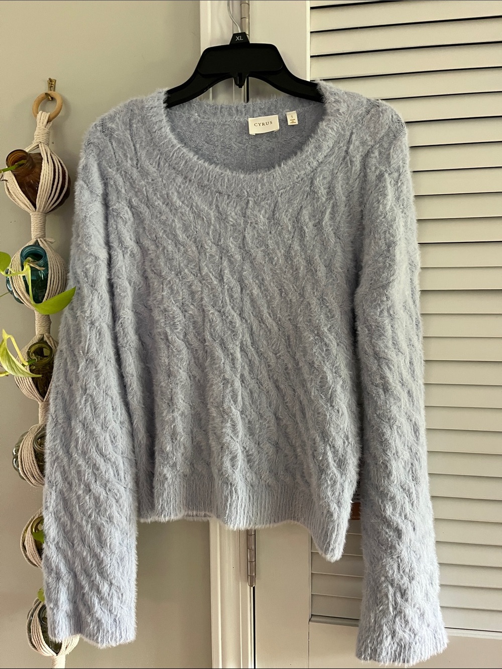 Cyrus Light Blue Fuzzy Cable-Knit Crewneck Sweater